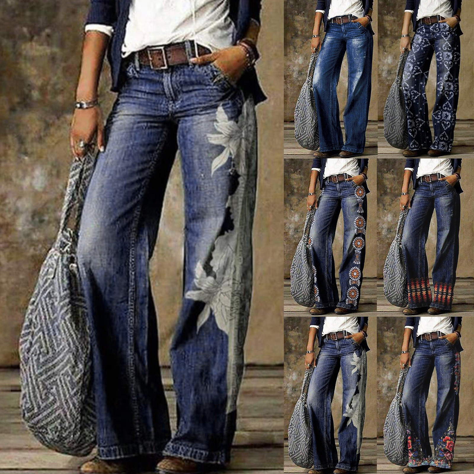 Jacenvly New Pants for Women Jeans Long Pants Trendy Print Comfort Waist Wide Leg Pants for Women High Waist Breathable Comfort Waist Pocket Orange XXL